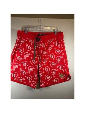 Of One Sea Mens Red Shaka Print Board Shorts Recycled Ocean Plastic Size 34